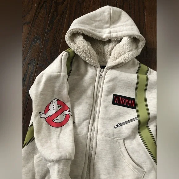Ghostbusters Boys 3T Beige/Green Venkman Sherpa Lined Hooded Full-Zip Sweatshirt - Picture 11 of 13